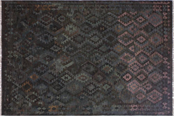 Flat Weave Kilim, Antique, Navaho, Vintage, Handmade, Geometric Kilim Brown Green Hand-Woven Rectangle 100% Wool Area Rug 7 x 10